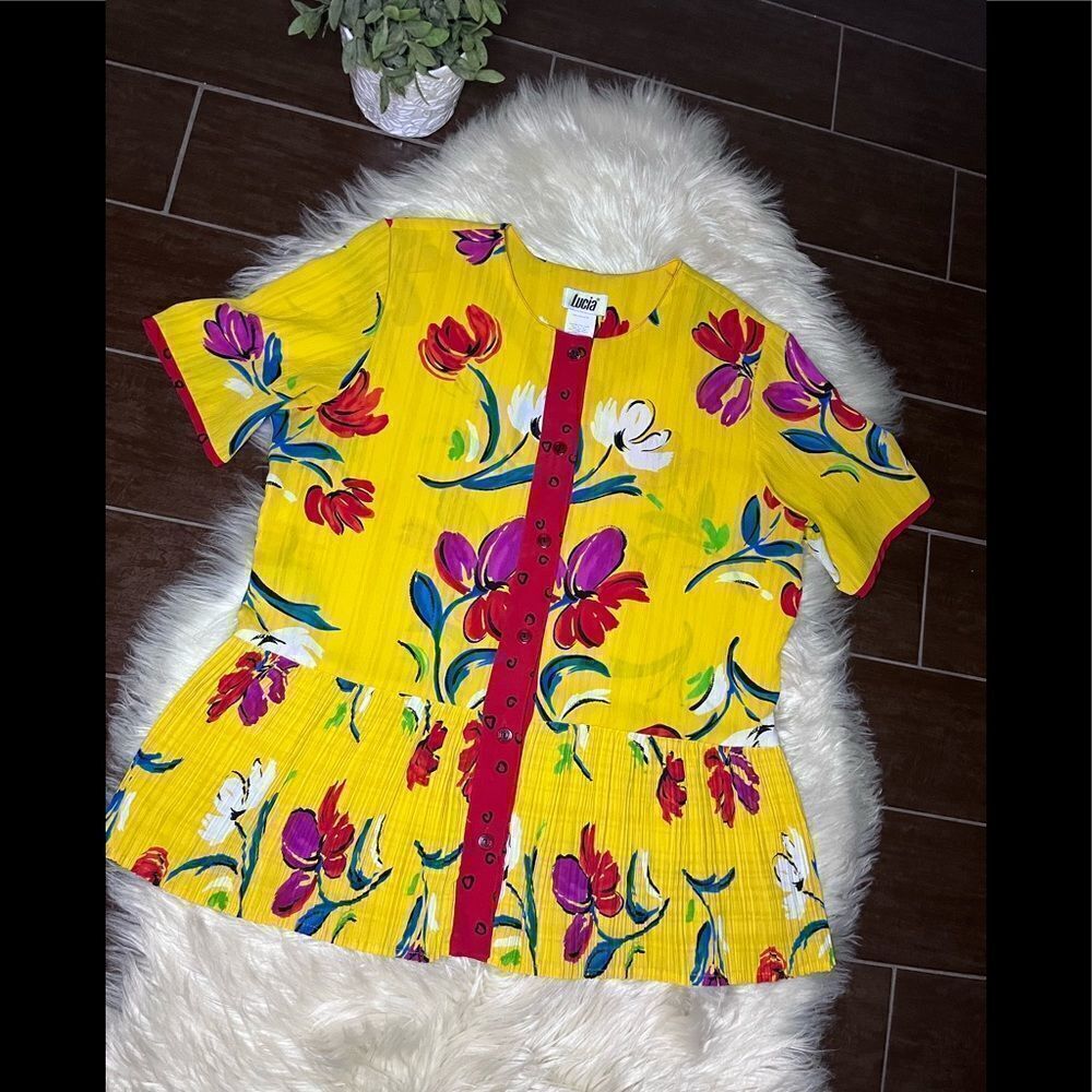 Lucia bright yellow multicolored floral vintage pleated blouse sz 14